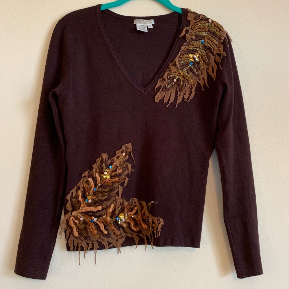 Alberto Makali Brown Embellished V-Neck Sweater, M
